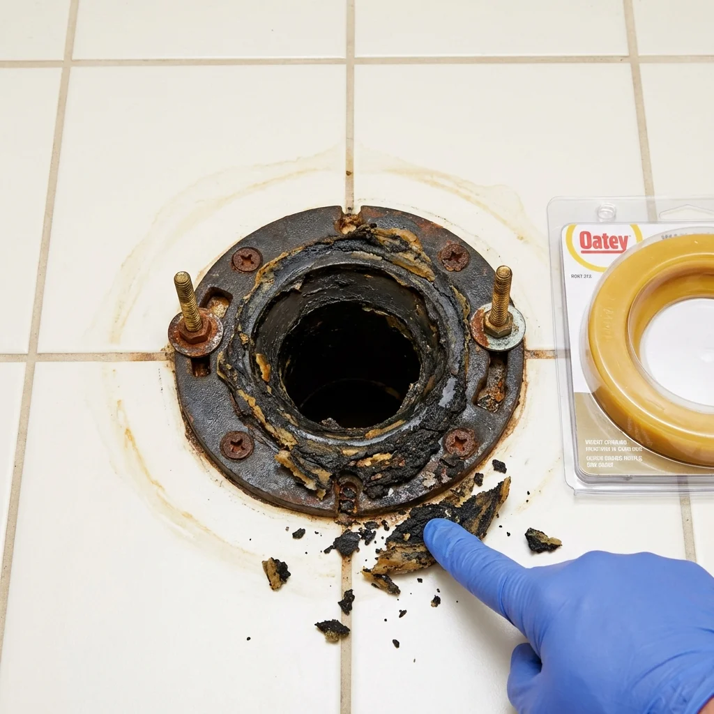 Failed wax ring showing water seepage at the base of a toilet in a Glasgow, KY home